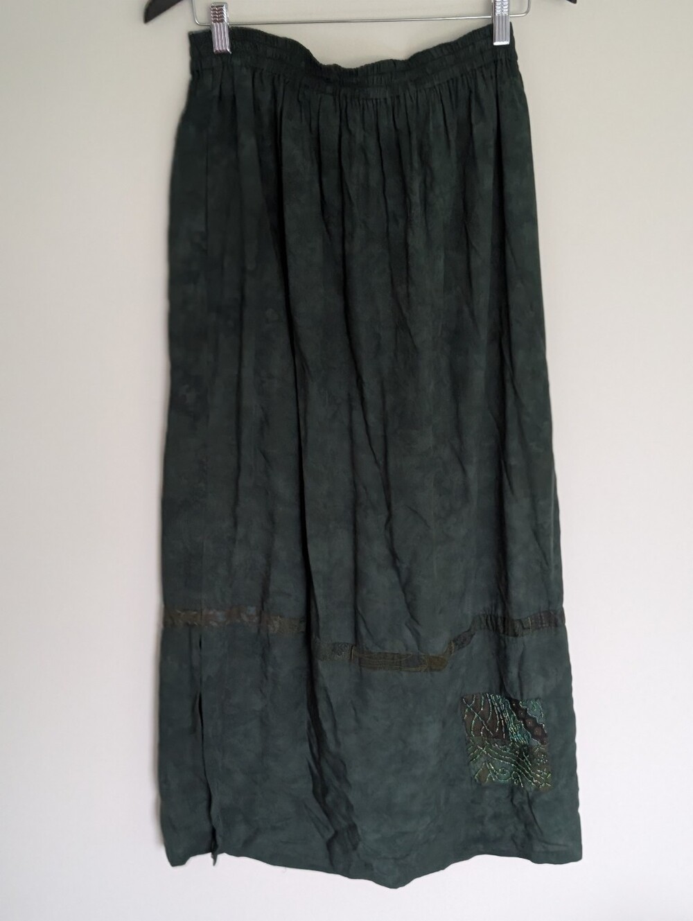 Asian Visions Bohemian Beaded Patchwork Rayon Maxi Skirt Green Large